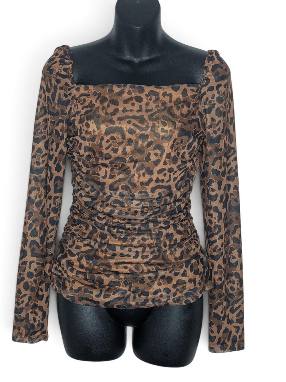 VENUS Brown And Black Leopard Print Ruched Square-Neck Long-Sleeve Top